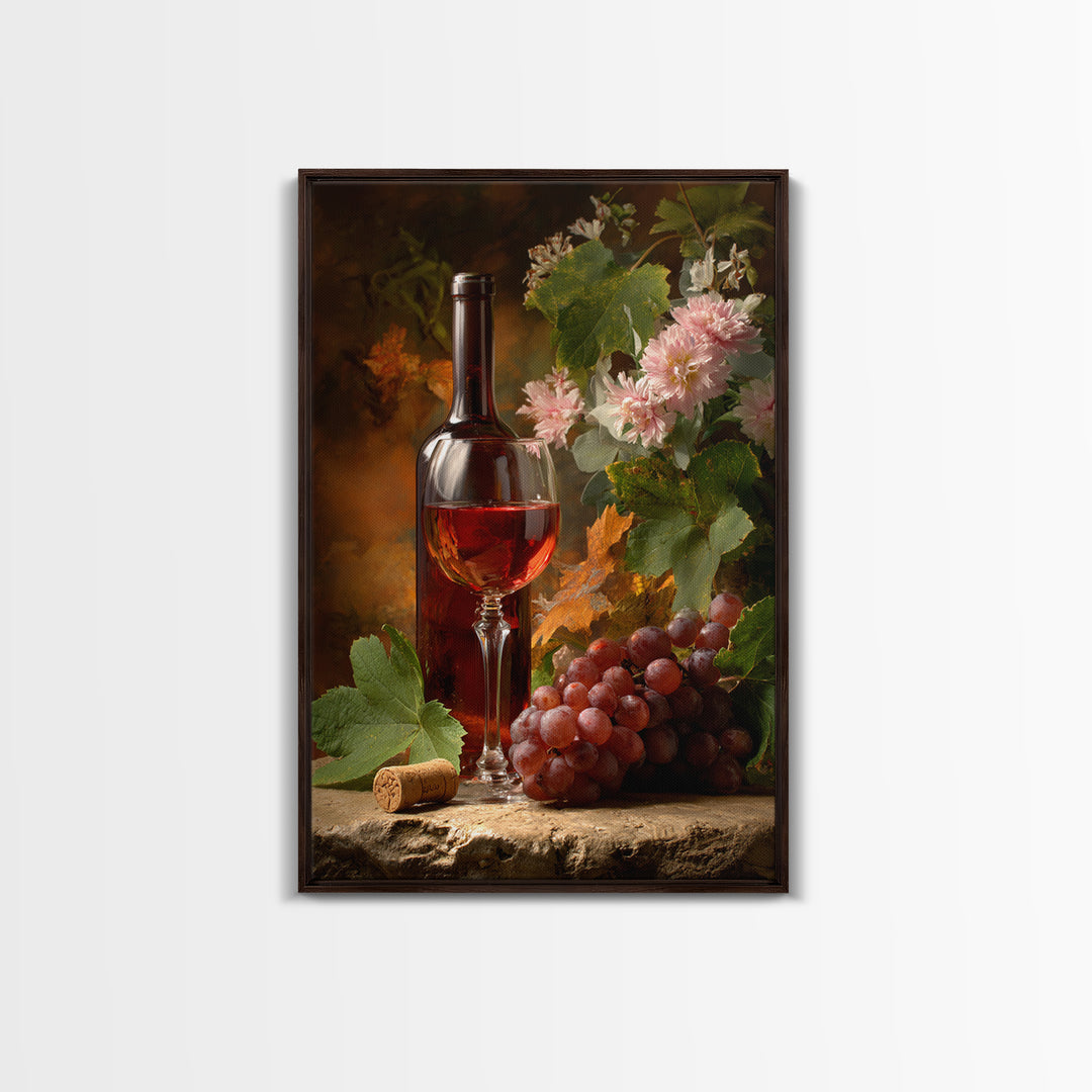 Ros Glass Beside Summer Flowers Framed Canvas Print, Winery Art, Art, Winery Decor, Fine Art, Vineyard, Farmhouse Decor, WIN-2x3-22
