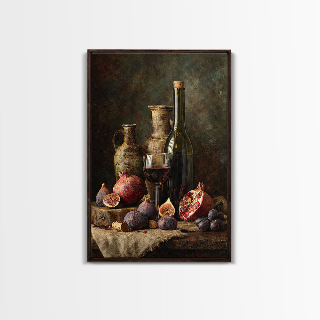 Pomegranate Figs and Red Wine Composition Framed Canvas Print, Winery Art, Printable Wall Art, Winery Decor, Fine Art, Vineyard, WIN-2x3-25