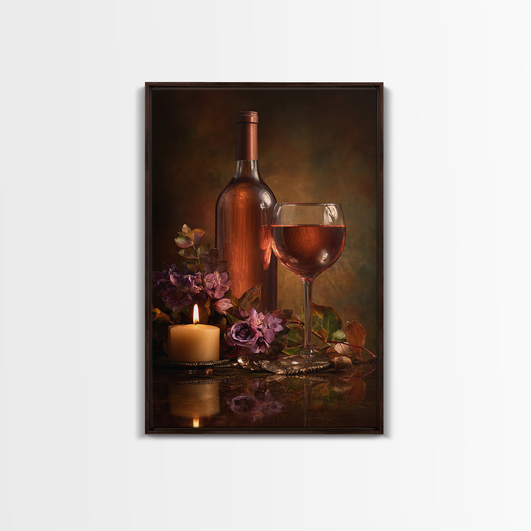 Ros Glass Beside Summer Flowers Framed Canvas Print, Winery Art, Art, Winery Decor, Fine Art, Vineyard, Farmhouse Decor, WIN-2x3-46