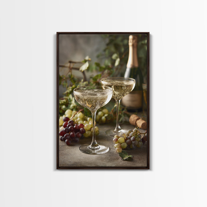 Champagne Coupe with Bubbles and Light Framed Canvas Print, Winery Art, Art Print, Winery Decor, Oil Painting, Vineyard, WIN-2x3-51
