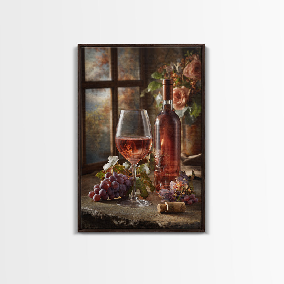 Ros Glass Beside Summer Flowers Canvas Print, Winery Art, Winery Decor, Oil Painting, Vineyard, Retro Wall Art, WIN-2x3-70