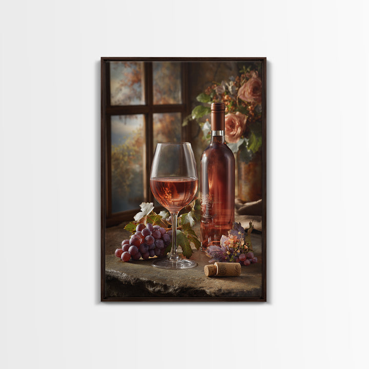 Ros Glass Beside Summer Flowers Canvas Print, Winery Art, Winery Decor, Oil Painting, Vineyard, Retro Wall Art, WIN-2x3-70