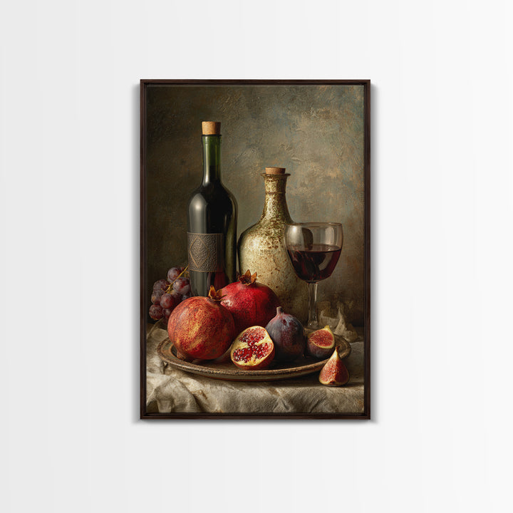Pomegranate Figs and Red Wine Composition Framed Canvas Print, Winery Art, Watercolor Painting, Winery Decor, Vineyard, WIN-2x3-73
