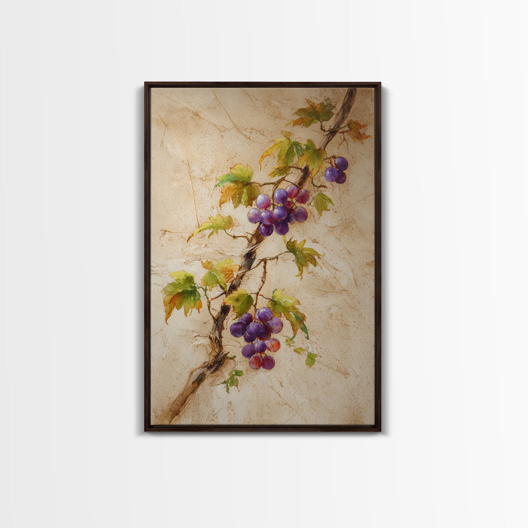 Grapevine Branch with Purple Grapes and Leaves Canvas Print, Winery Art, Wall Hanging, Winery Decor, Watercolor Art, Vineyard, WIN-2x3-9