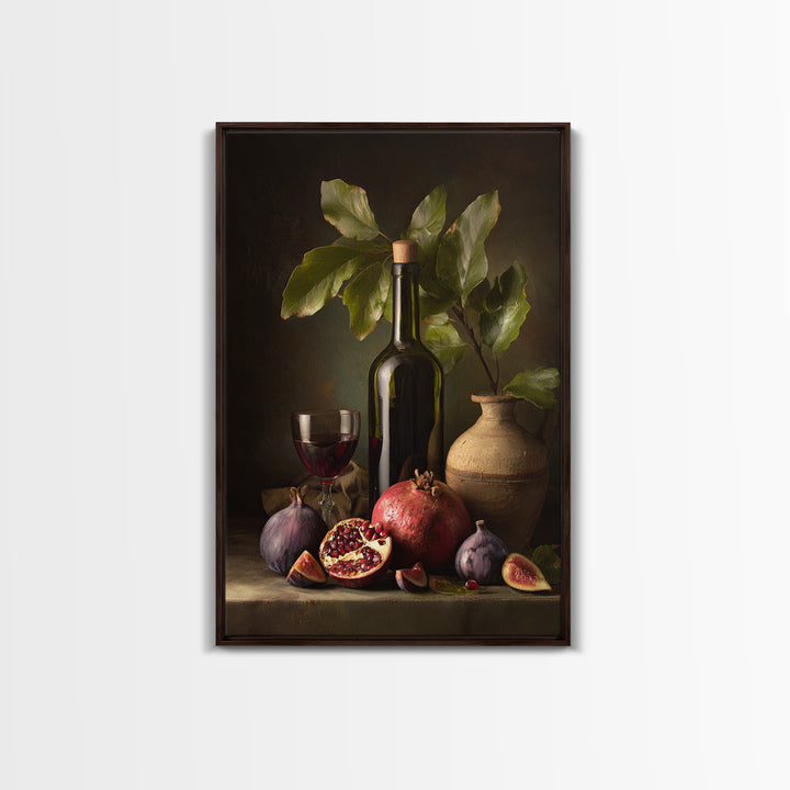 Pomegranate Figs and Red Wine Composition Framed Canvas Print, Winery Art, Watercolor Painting, Winery Decor, Vineyard, WIN-2x3-97