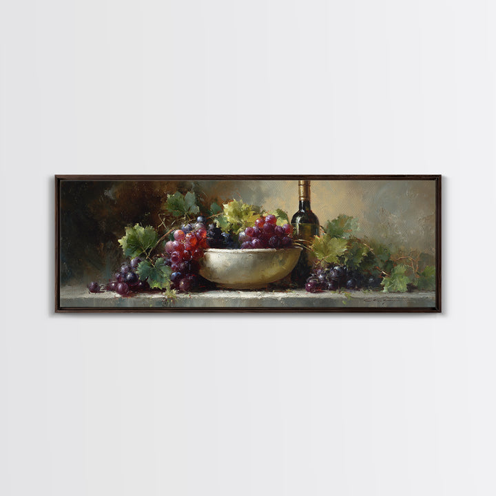 Grapes in a Ceramic Bowl with Shadows Framed Canvas Print, Winery Art, Retro Wall Art, Winery Decor, Fine Art, Vineyard, WIN-3x1-1