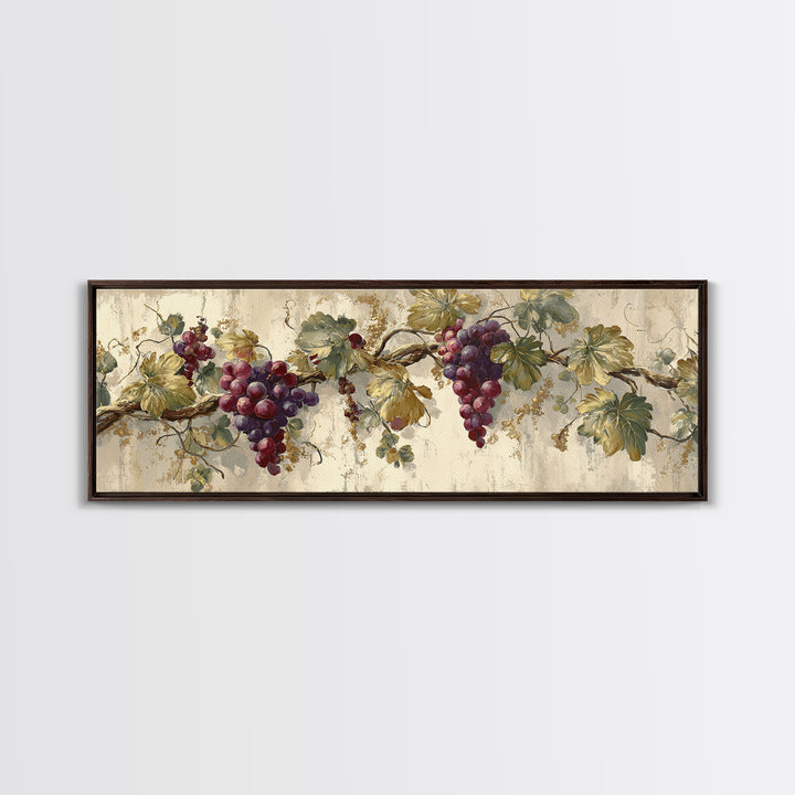 Grapevine Branch with Purple Grapes and Leaves Framed Canvas Print, Winery Art, Gallery Wall Art, Winery Decor, Watercolor Art, WIN-3x1-17