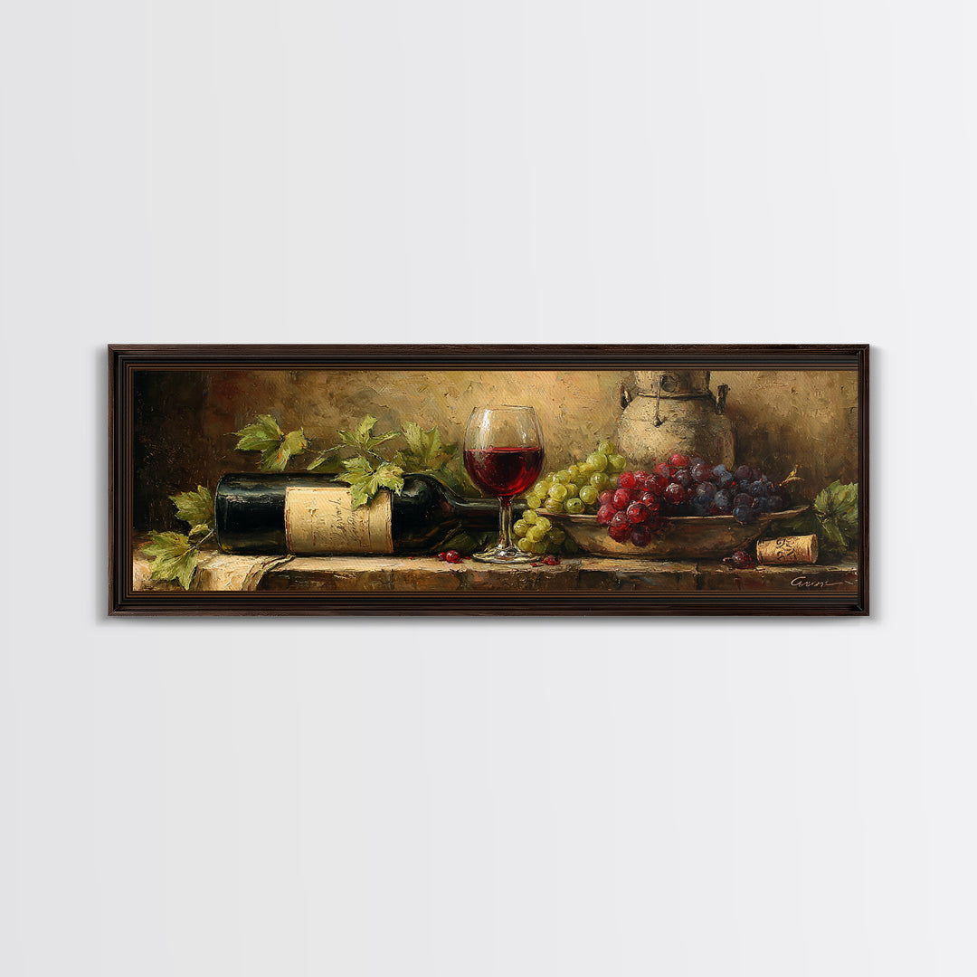 Olive Branch and Wine Glass Mediterranean Still Canvas Print, Winery Art, Neutral Decor, Winery Decor, Oil Painting, Vineyard, WIN-3x1-40