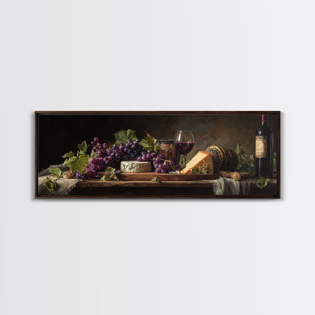 Charcuterie Board with Grapes and Cheese Framed Canvas Print, Winery Art, Bar Art, Winery Decor, Fine Art, Vineyard, WIN-3x1-53