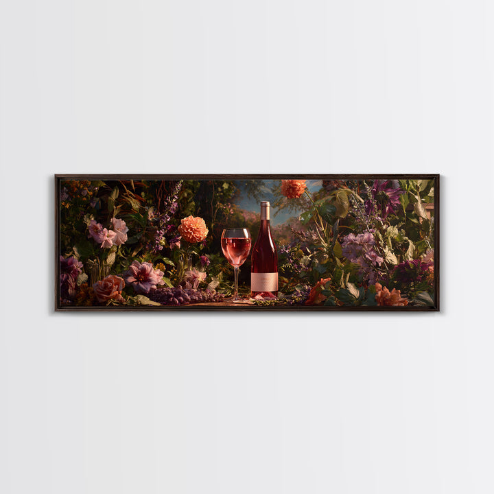 Ros Glass Beside Summer Flowers Canvas Print, Winery Art, Living Room Art, Winery Decor, Watercolor Art, Vineyard, WIN-3x1-54