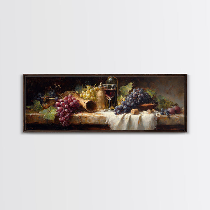 Champagne Grapes and White Linen Still Life Framed Canvas Print, Winery Art, Gallery Decor, Winery Decor, Fine Art, Vineyard, WIN-3x1-69