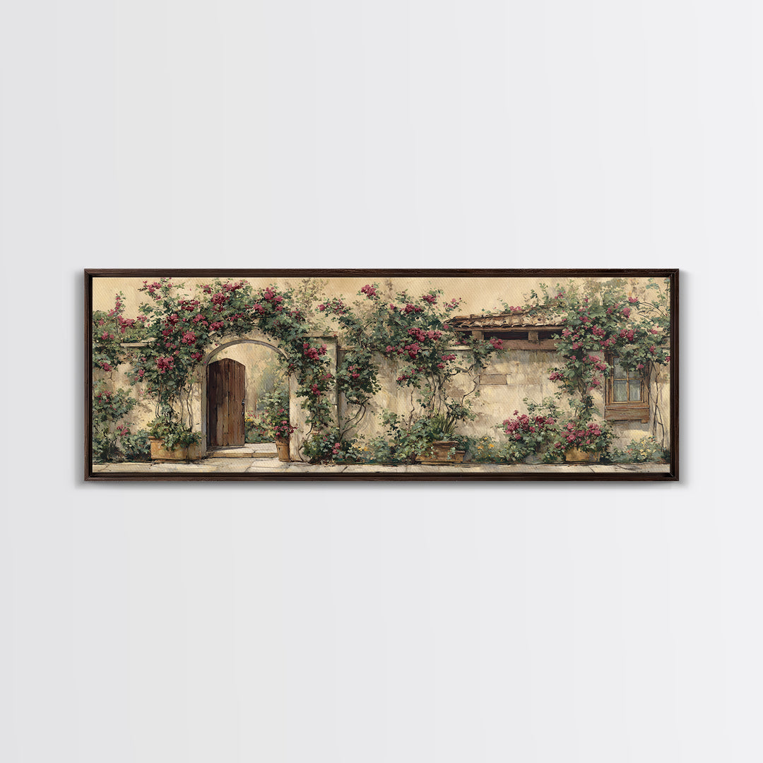 Vineyard Gate with Climbing Roses Framed Canvas Print, Winery Art, Statement Artwork, Winery Decor, Fine Art, Vineyard, WIN-3x1-7