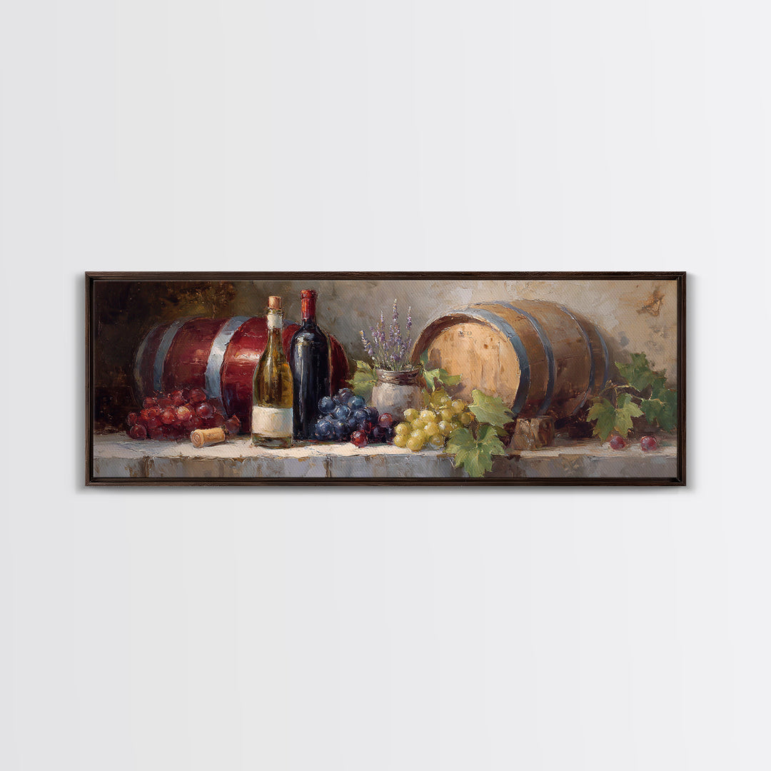 Wine Barrel with Lavender and Sunlight Canvas Print, Winery Art, Wall Art, Winery Decor, Oil Painting, Vineyard, WIN-3x1-70