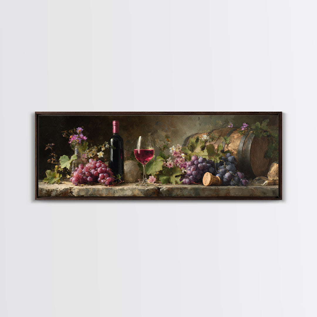 Ros Glass Beside Summer Flowers Canvas Print, Winery Art, Winery Decor, Oil Painting, Vineyard, Retro Wall Art, WIN-3x1-78
