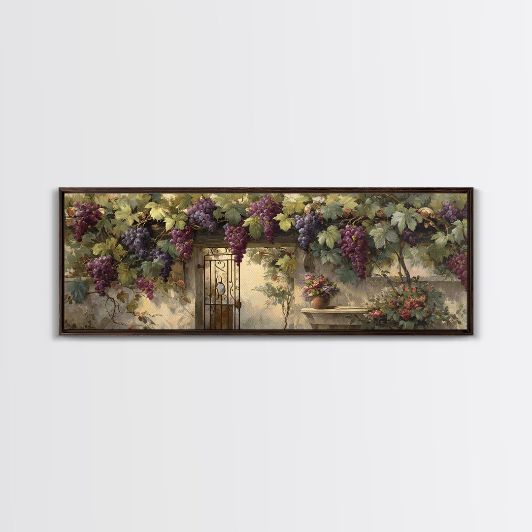 Vineyard Gate with Climbing Roses Framed Canvas Print, Winery Art, Farmhouse Decor, Winery Decor, Oil Painting, Vineyard, WIN-3x1-79
