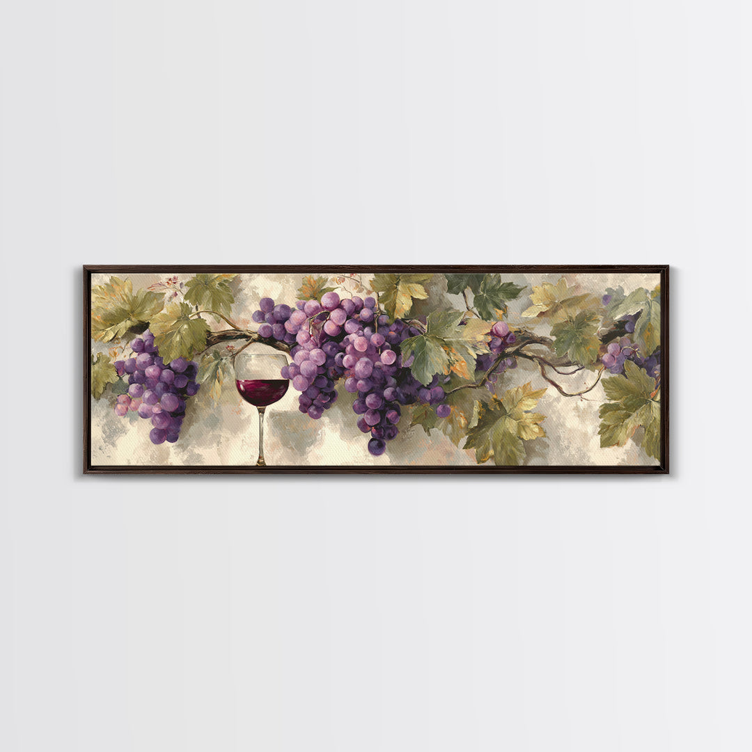 Grapevine Branch with Purple Grapes and Leaves Framed Canvas Print, Winery Art, Boho Decor, Winery Decor, Fine Art, Vineyard, WIN-3x1-89
