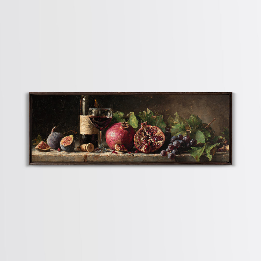 Pomegranate Figs and Red Wine Composition Framed Canvas Print, Winery Art, Living Room Decor, Winery Decor, Fine Art, Vineyard, WIN-3x1-9