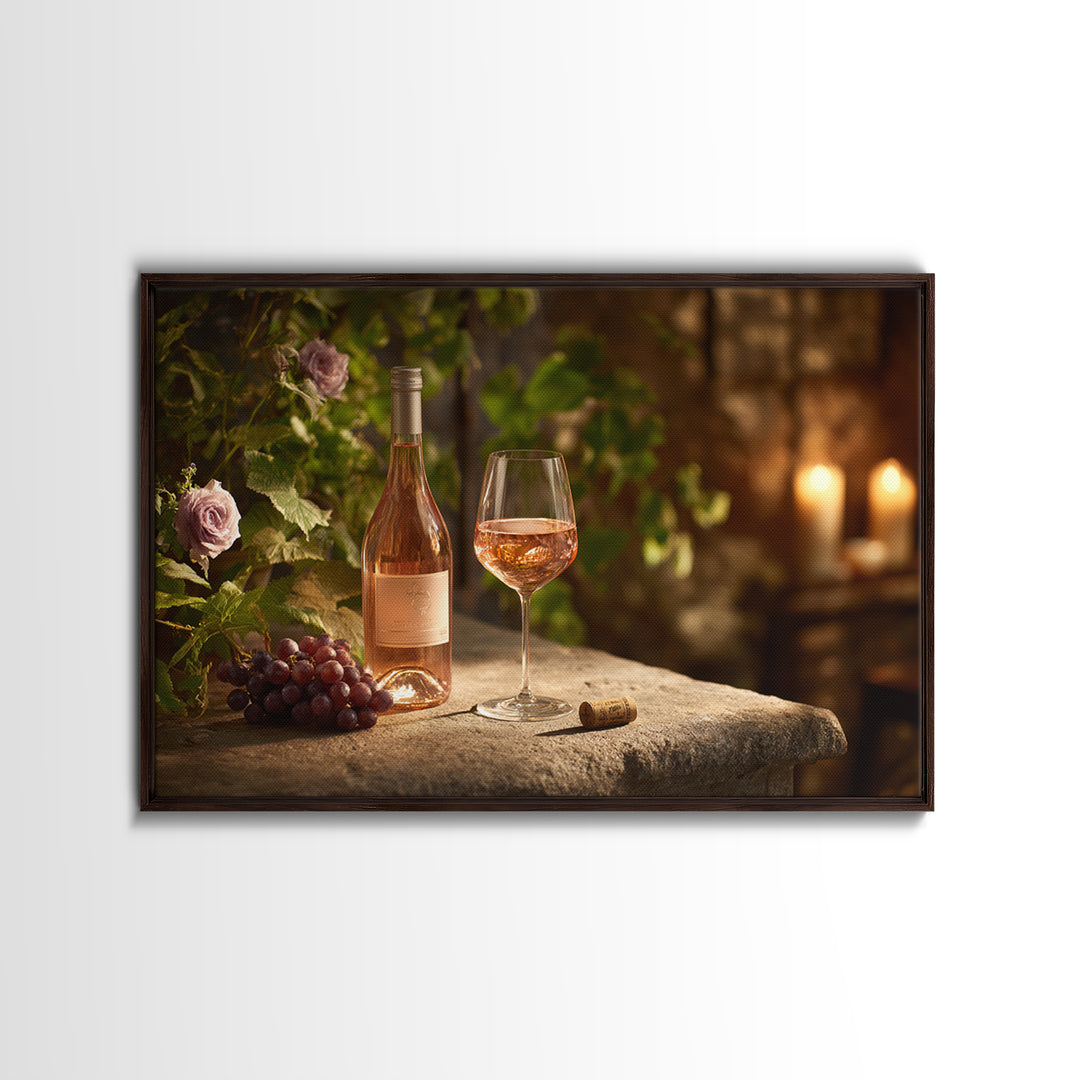 Ros Glass Beside Summer Flowers Framed Canvas Print, Winery Art, Framed Art, Winery Decor, Watercolor Art, Vineyard, WIN-3x2-18