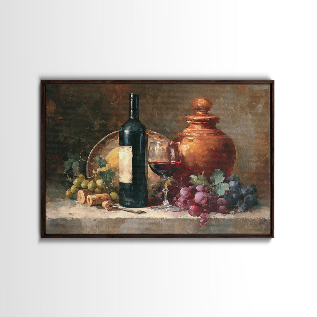 Olive Branch and Wine Glass Mediterranean Still Framed Canvas Print, Winery Art, Retro Wall Art, Winery Decor, Vineyard, WIN-3x2-28