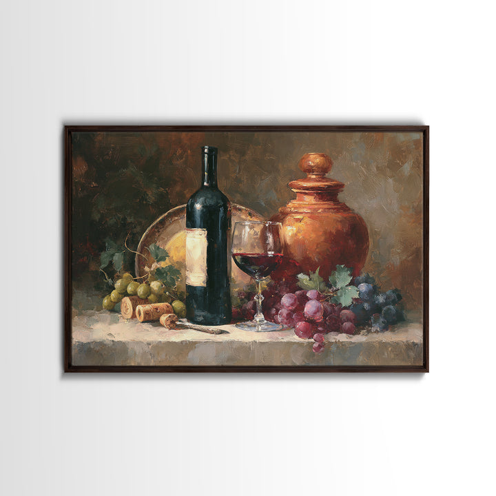Olive Branch and Wine Glass Mediterranean Still Framed Canvas Print, Winery Art, Retro Wall Art, Winery Decor, Vineyard, WIN-3x2-28