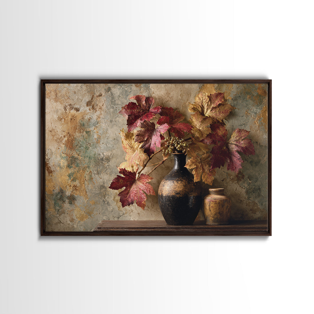 Vine Leaves Turning Autumn Red and Gold Framed Canvas Print, Winery Art, Contemporary Art, Winery Decor, Fine Art, Vineyard, WIN-3x2-39