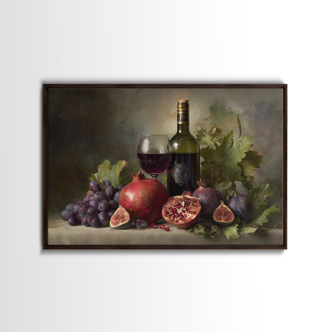 Pomegranate Figs and Red Wine Composition Framed Canvas Print, Winery Art, Gallery Decor, Winery Decor, Fine Art, Vineyard, WIN-3x2-45