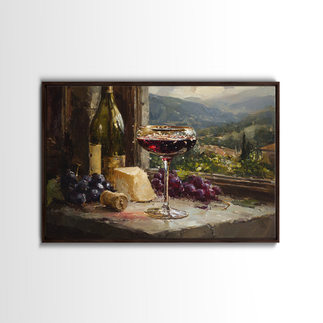 Champagne Coupe with Bubbles and Light Framed Canvas Print, Winery Art, Art Print, Winery Decor, Oil Painting, Vineyard, WIN-3x2-47