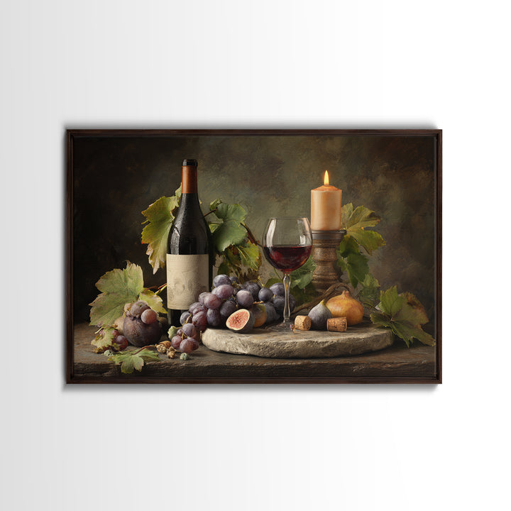 Wine Bottle and Glass Still Life Framed Canvas Print, Winery Art, Living Room Decor, Winery Decor, Fine Art, Vineyard, WIN-3x2-6