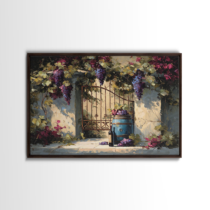 Vineyard Gate with Climbing Roses Canvas Print, Winery Art, Oil Painting, Winery Decor, Watercolor Art, Vineyard, WIN-3x2-67