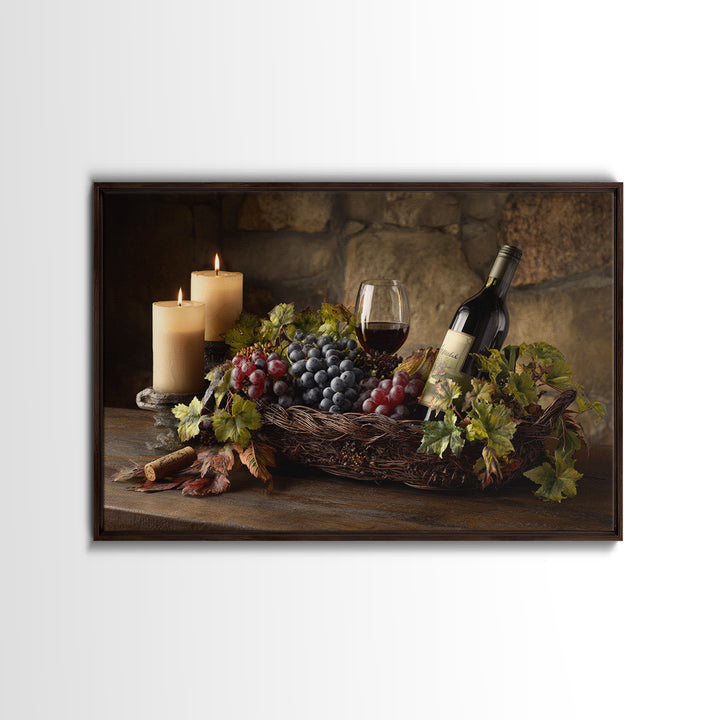Wine Harvest Basket Framed Canvas Print, Winery Art, Kitchen Wall Decor, Winery Decor, Oil Painting, Vineyard, Fine Art Print, WIN-3x2-74