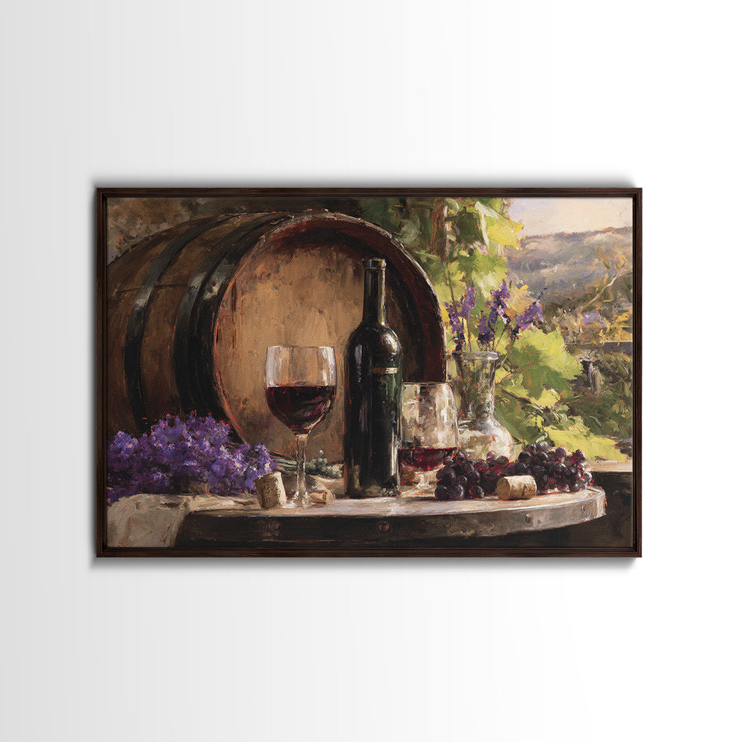 Wine Barrel with Lavender and Sunlight Framed Canvas Print, Winery Art, Travel Poster, Winery Decor, Oil Painting, Vineyard, WIN-3x2-82