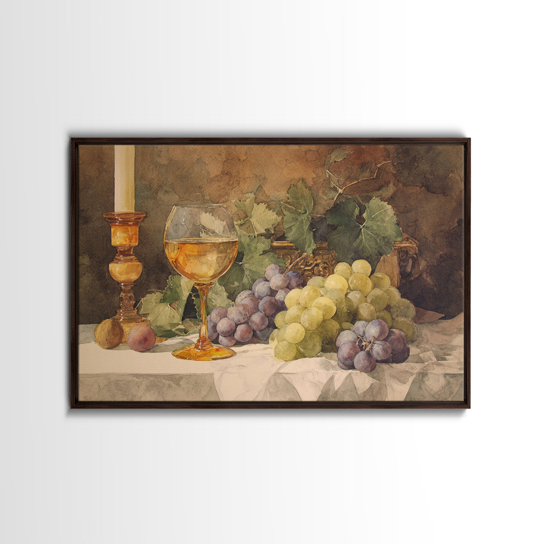 Champagne Grapes and White Linen Still Life Framed Canvas Print, Winery Art, Preppy Wall Art, Winery Decor, Fine Art, Vineyard, WIN-3x2-9