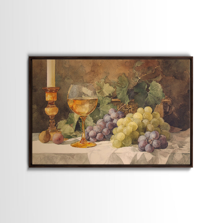 Champagne Grapes and White Linen Still Life Framed Canvas Print, Winery Art, Preppy Wall Art, Winery Decor, Fine Art, Vineyard, WIN-3x2-9