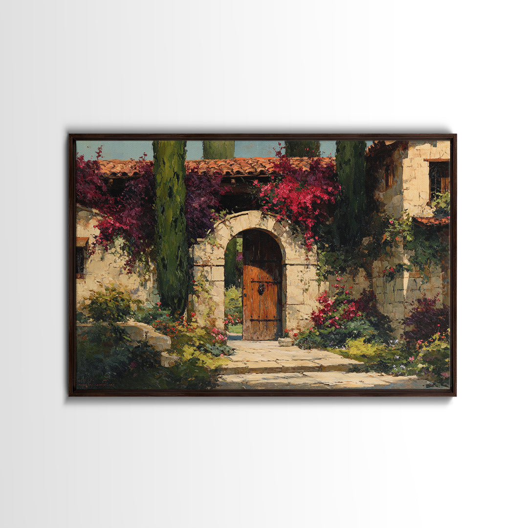 Vineyard Gate with Climbing Roses Framed Canvas Print, Winery Art, Farmhouse Decor, Winery Decor, Oil Painting, Vineyard, WIN-3x2-91