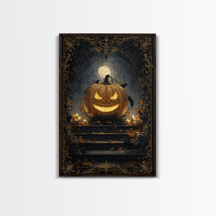 The Gold-Crowned Pumpkin Oracle - Icon Portrait, Occult Wall Decor, Vertical Wall Art, Canvas Print, Halloween Home Decor, Gothic Wall Art