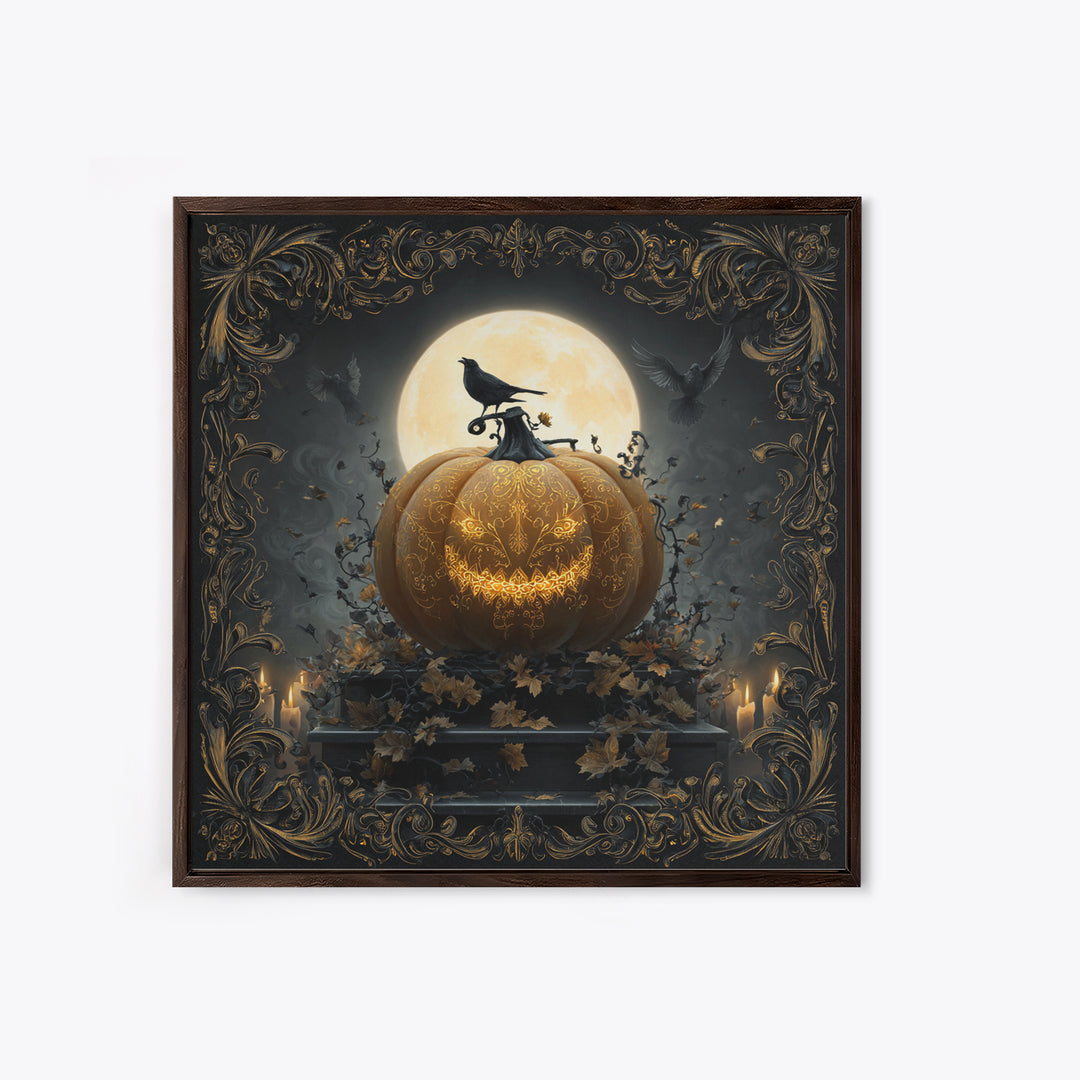 The Gold-Crowned Pumpkin Oracle - Icon Portrait, Spooky Wall Decor, Square Wall Art, Framed Canvas Print, Halloween Home Decor