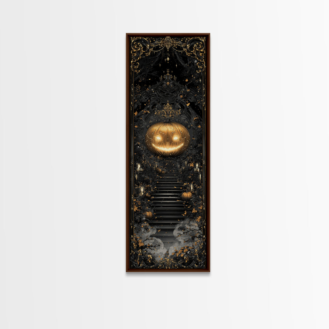 The Gold-Crowned Pumpkin Oracle - Icon Portrait, Spooky Wall Decor, Tall Narrow Wall Art, Framed Canvas Print, Halloween Home Decor