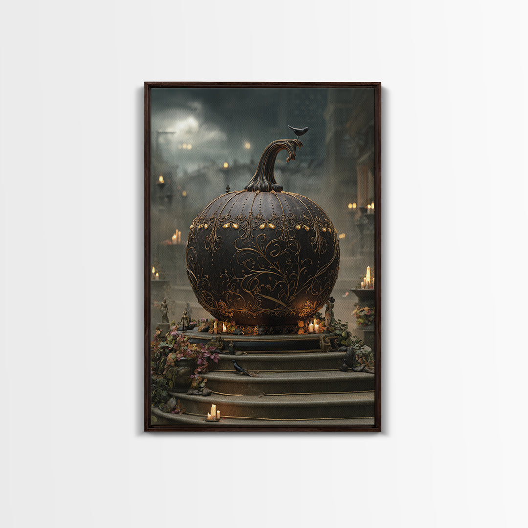 The Gold-Crowned Pumpkin Oracle - Environmental Panorama, Macabre Halloween Art, Vertical Wall Art, Framed Canvas Print, Gothic Wall Art