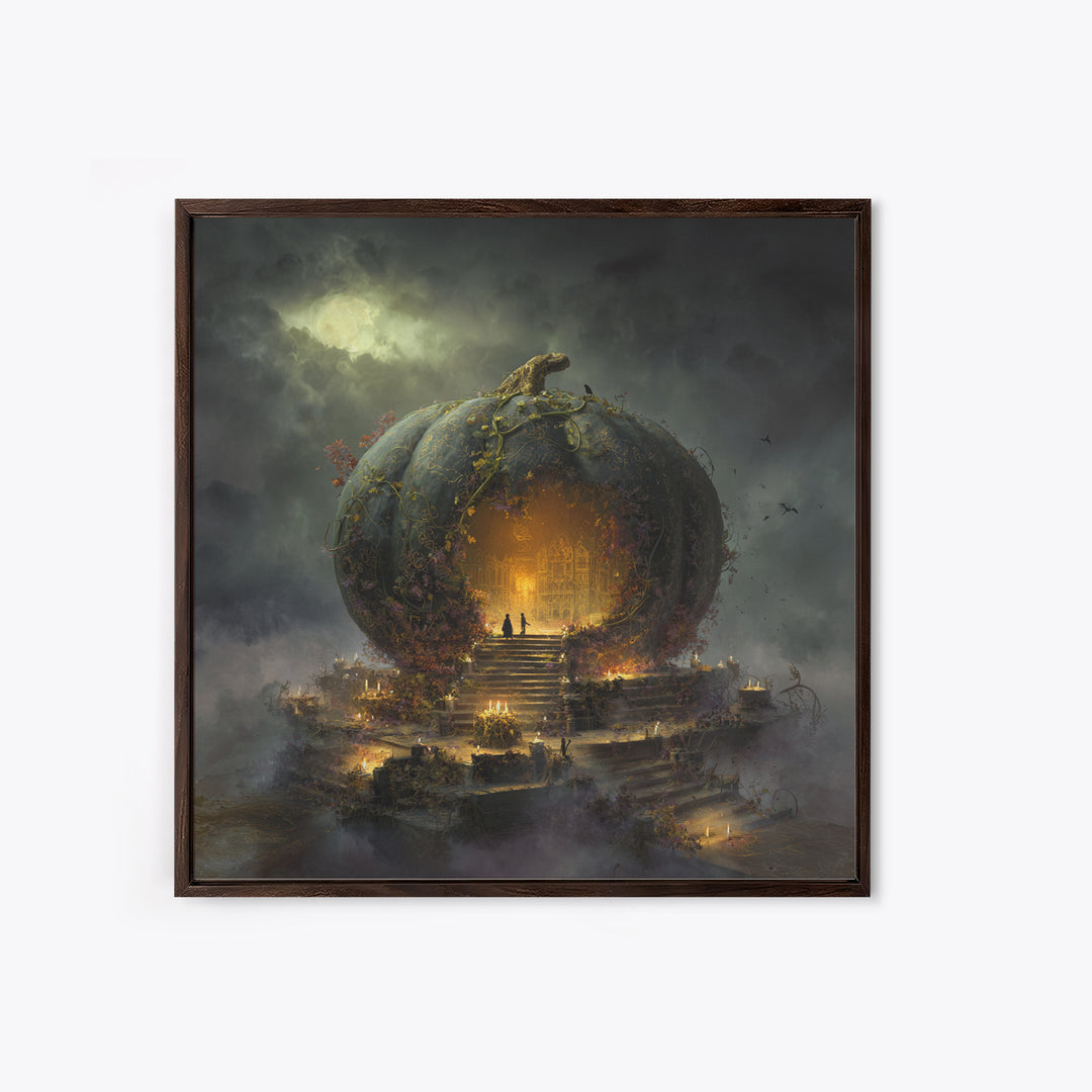 The Gold-Crowned Pumpkin Oracle - Environmental Panorama, Halloween Wall Art, Square Wall Art, Framed Canvas Print, Halloween Home Decor
