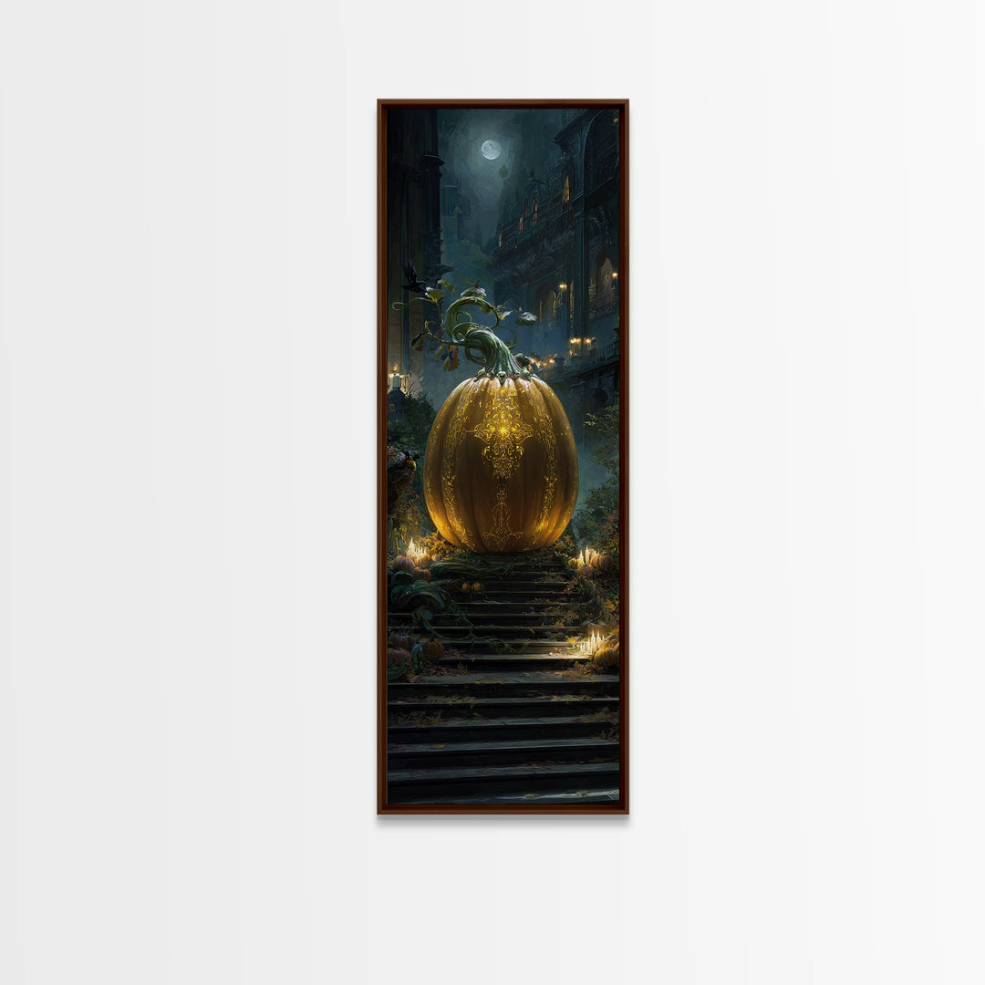 The Gold-Crowned Pumpkin Oracle - Environmental Panorama, Dark Fantasy Wall Art, Tall Narrow Wall Art, Canvas Print, Halloween Home Decor