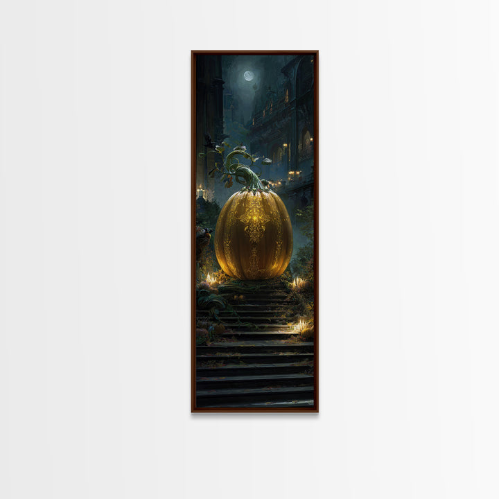 The Gold-Crowned Pumpkin Oracle - Environmental Panorama, Dark Fantasy Wall Art, Tall Narrow Wall Art, Canvas Print, Halloween Home Decor