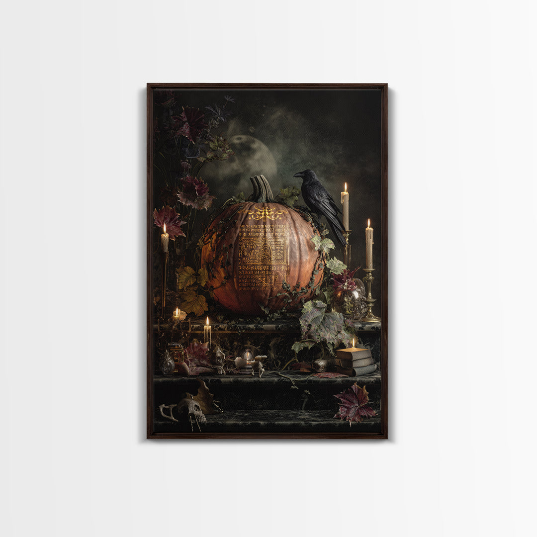 The Gold-Crowned Pumpkin Oracle - Occult Still Life, Macabre Halloween Art, Vertical Wall Art, Framed Canvas Print, Halloween Home Decor