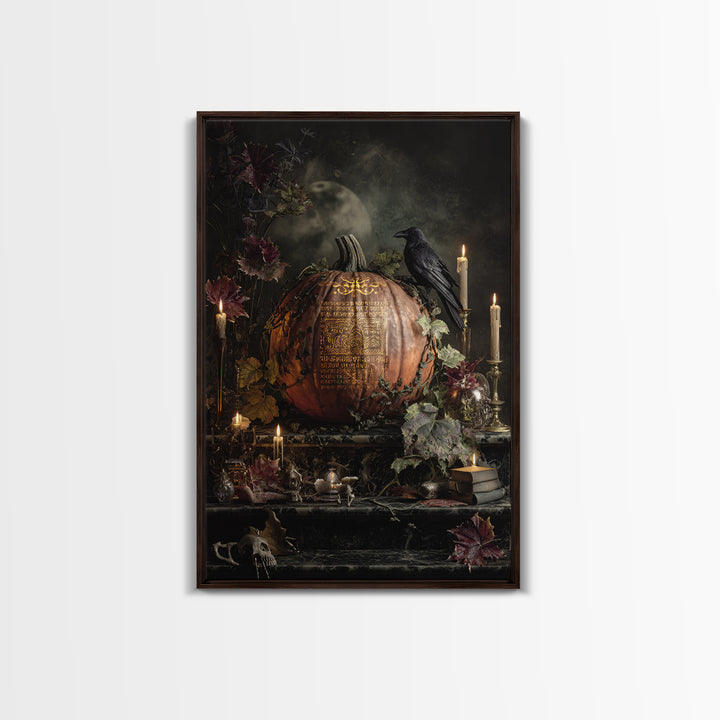 The Gold-Crowned Pumpkin Oracle - Occult Still Life, Macabre Halloween Art, Vertical Wall Art, Framed Canvas Print, Halloween Home Decor
