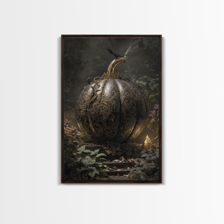 The Gold-Crowned Pumpkin Oracle - Procession Scene, Halloween Wall Art, Vertical Wall Art, Framed Canvas Print, Halloween Home Decor