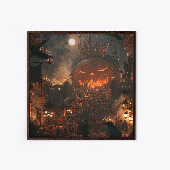The Gold-Crowned Pumpkin Oracle - Procession Scene, Dark Fantasy Wall Art, Square Wall Art, Canvas Print, Halloween Home Decor