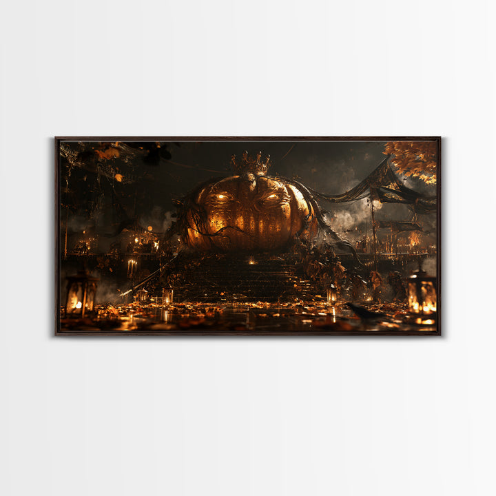 The Gold-Crowned Pumpkin Oracle - Procession Scene, Halloween Wall Art, Wide Panoramic Art, Framed Canvas Print, Halloween Home Decor