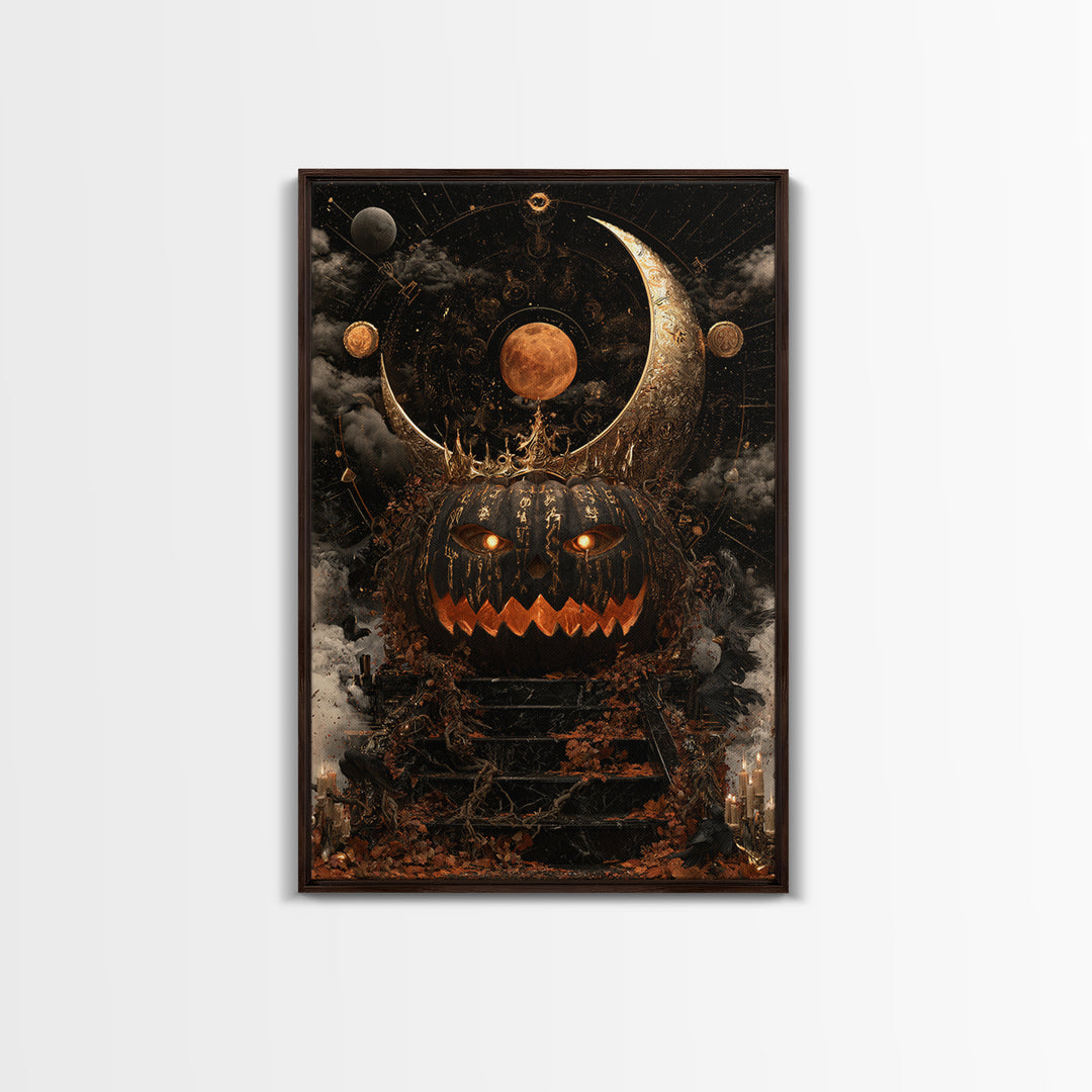 The Gold-Crowned Pumpkin Oracle - Surreal Celestial Vision, Spooky Wall Decor, Vertical Wall Art, Framed Canvas Print, Halloween Home Decor
