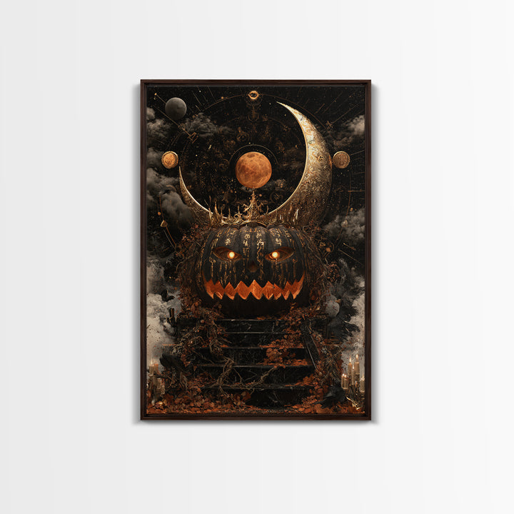 The Gold-Crowned Pumpkin Oracle - Surreal Celestial Vision, Spooky Wall Decor, Vertical Wall Art, Framed Canvas Print, Halloween Home Decor