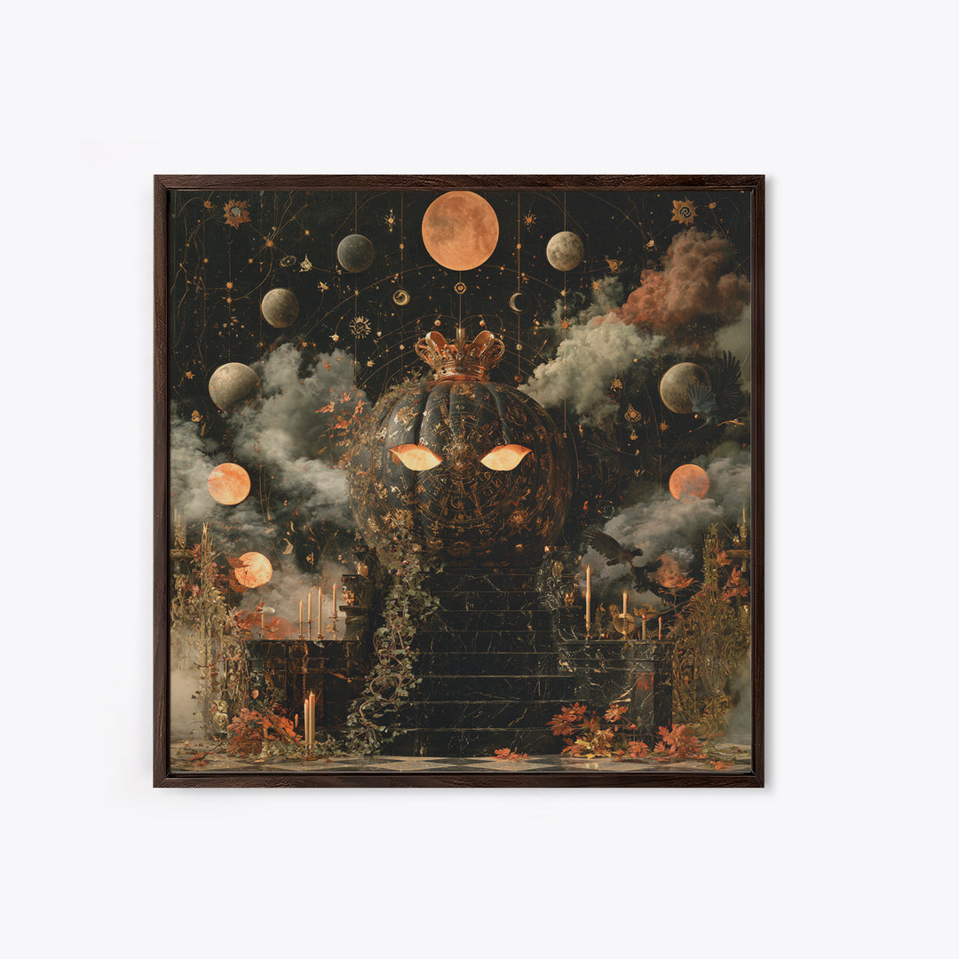 The Gold-Crowned Pumpkin Oracle - Surreal Celestial Vision, Gothic Home Decor, Square Wall Art, Canvas Print, Halloween Home Decor