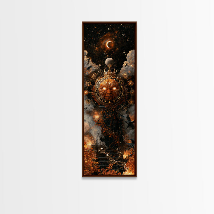 The Gold-Crowned Pumpkin Oracle - Surreal Celestial Vision, Gothic Home Decor, Tall Narrow Wall Art, Canvas Print, Halloween Home Decor